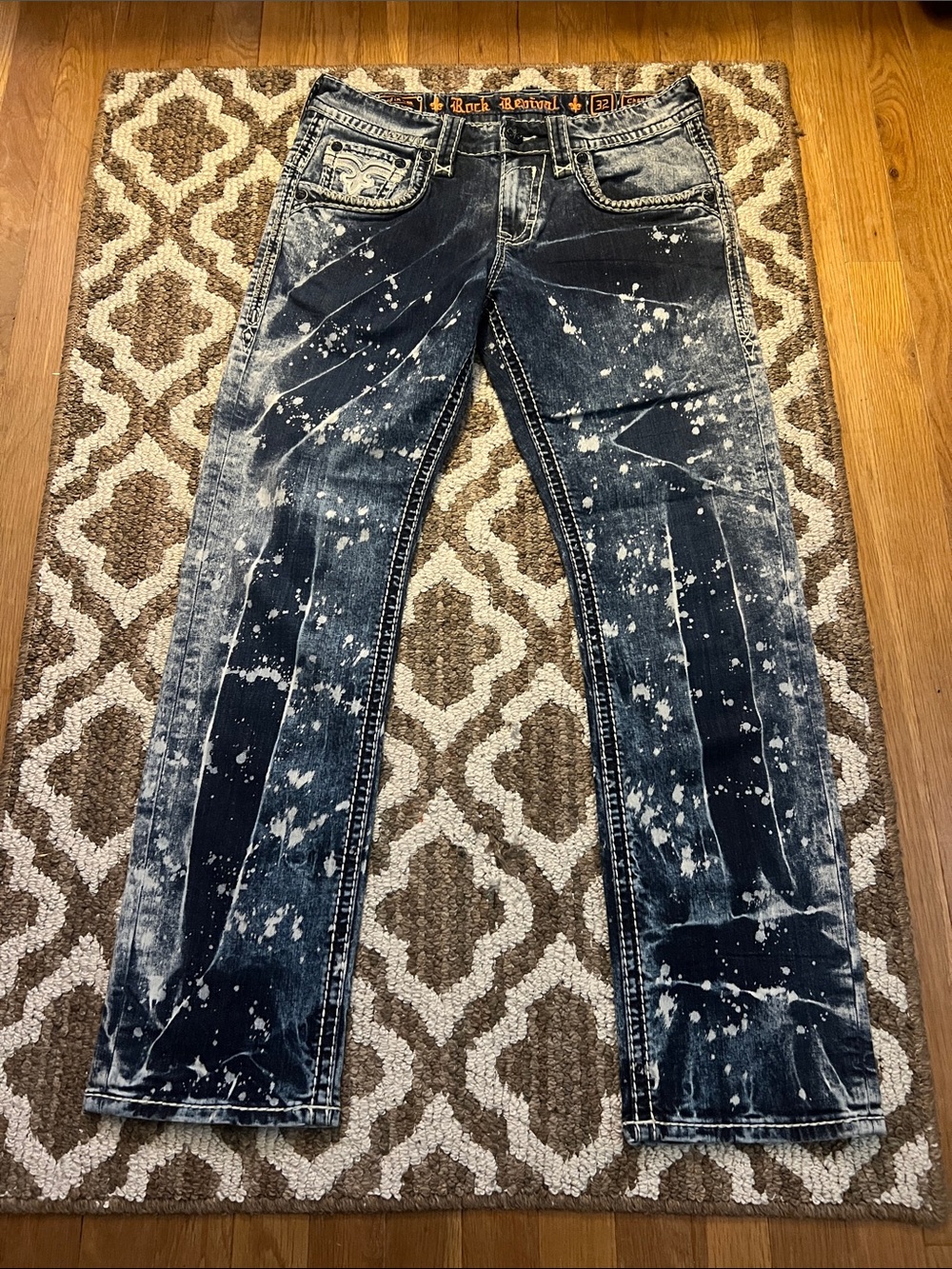 Rock Revival Men’s Paint-Splatter Jeans — Dark Indigo with White Splatter